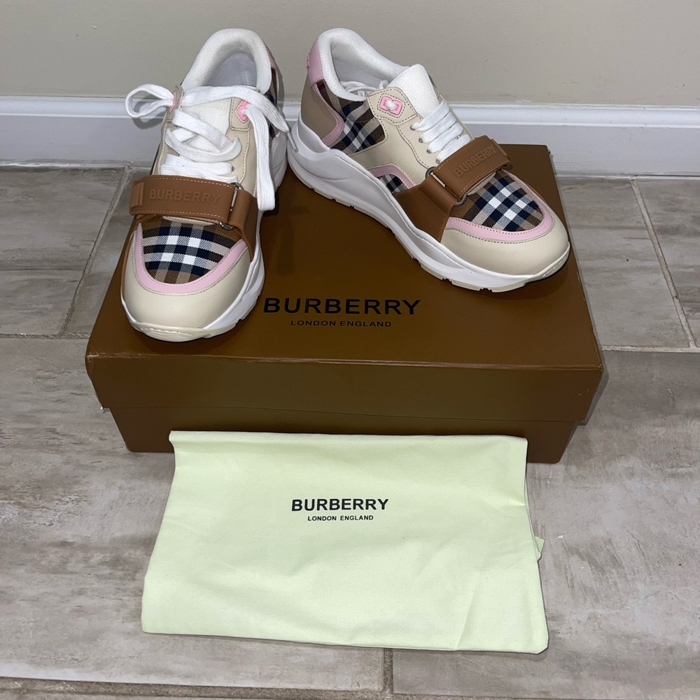 Burberry Women Check Cotton and Leather Sneakers-Pink